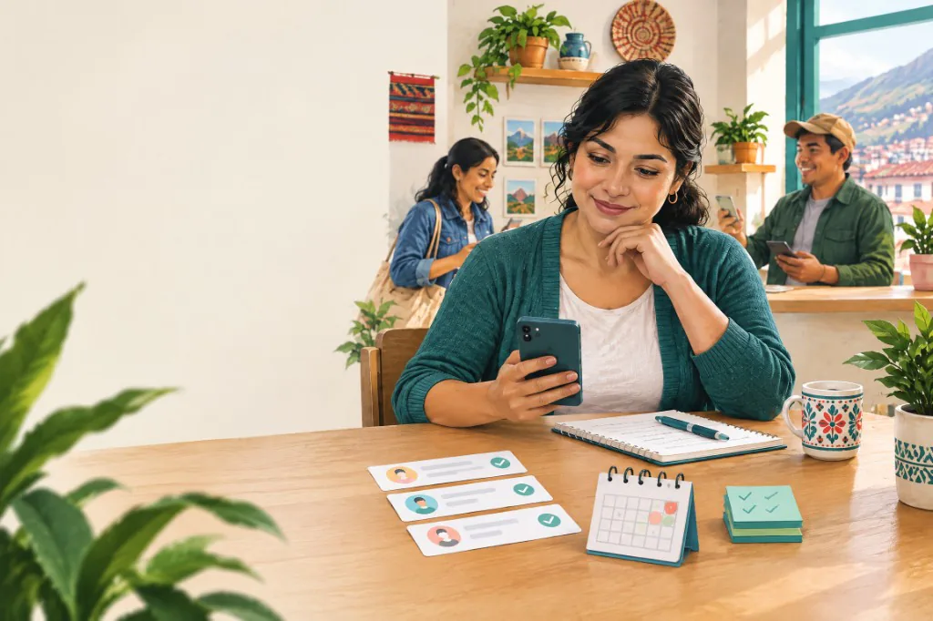 Emprendedora revisa en el celular quién le debe y qué cobros ya están al día