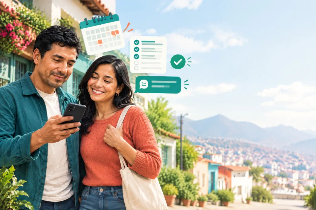 Pareja coordina cobros y pendientes desde el celular, con la lista y el calendario a la vista