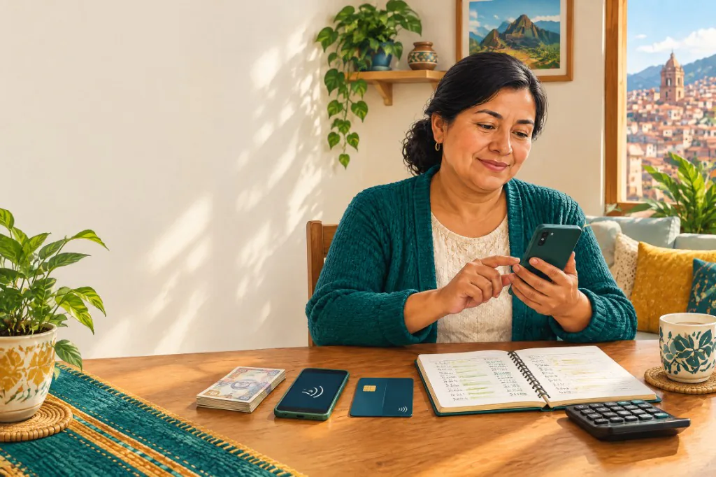 Emprendedora anota ingresos y egresos en el celular, con efectivo, Yape y su cuaderno a la mano