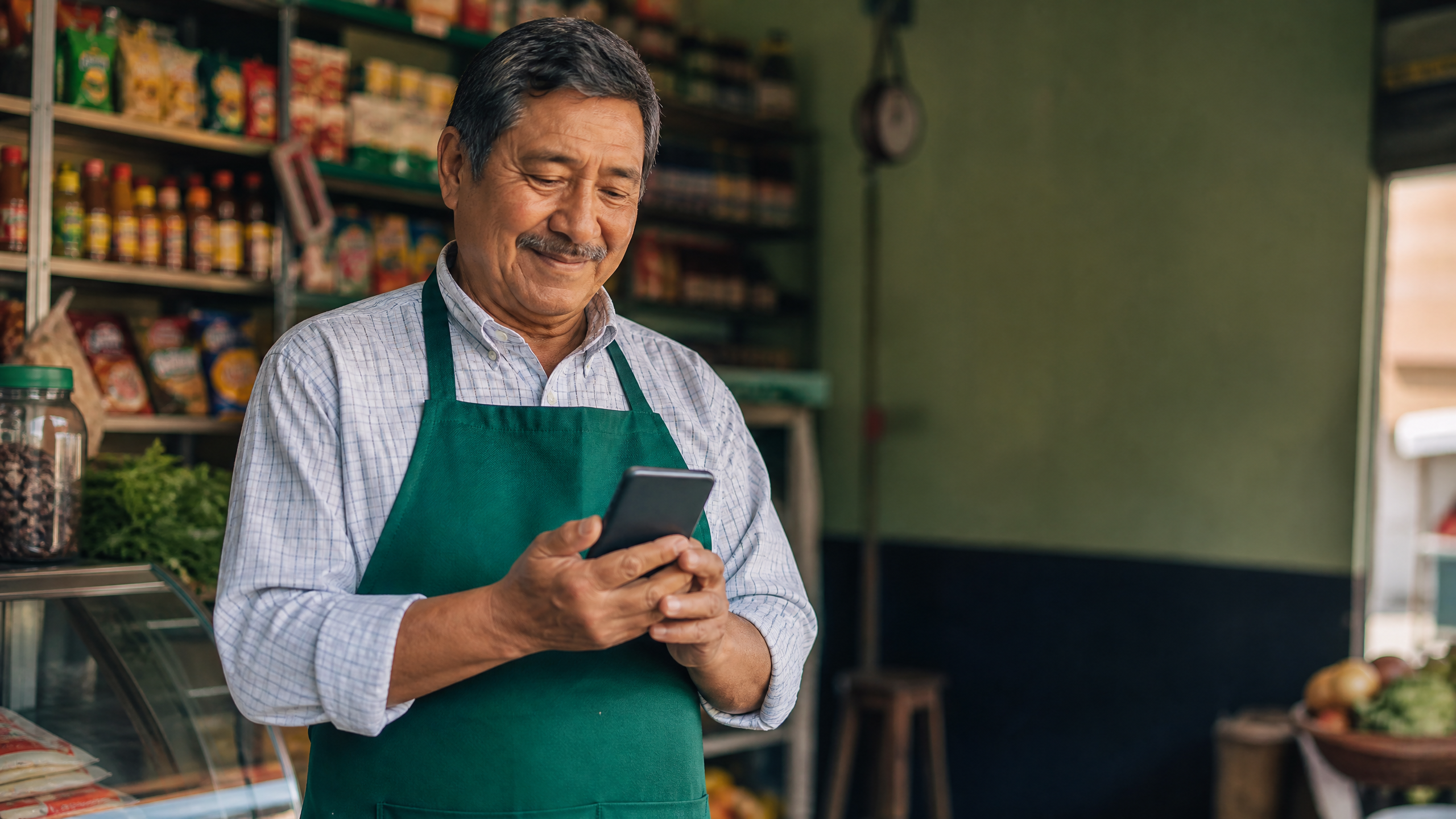 Don Lucho, comerciante peruano usando WhatsApp en su bodega